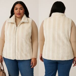 Ivory Cream Faux Fur Vest Rich Elegant Luxurious Plus Size Pockets Zippered Euc